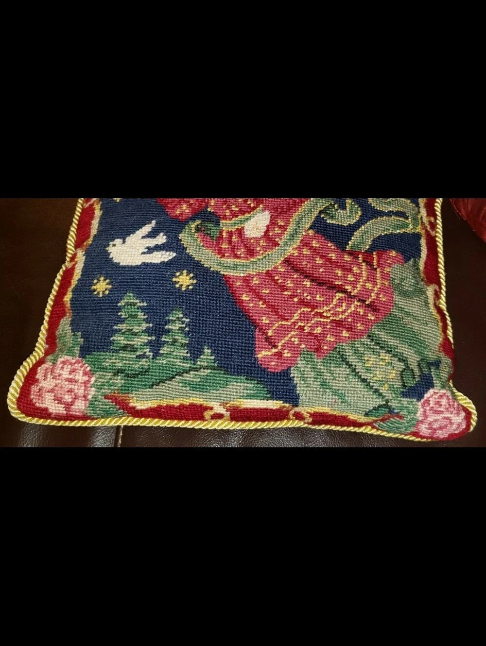 Vintage Christmas Angel Wool Needlepoint Pillow